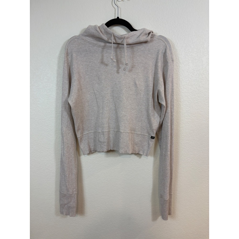 Prana Waffle Knit Hoodie Womens M Beige Cropped Pullover Athleisure minimalist